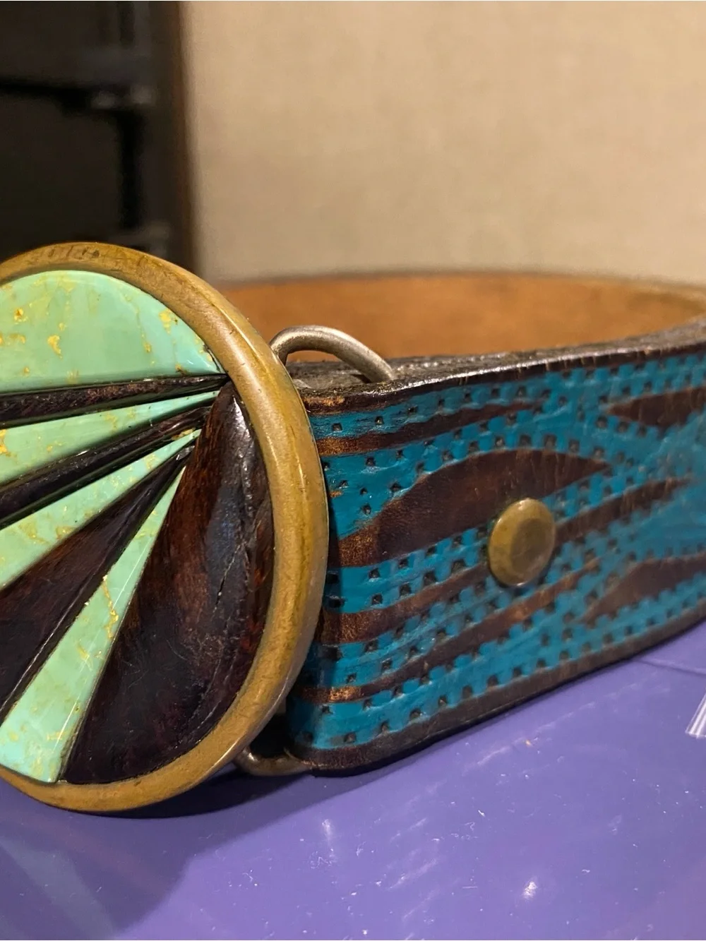 Turquoise Brown Inlay Round Belt Buckle with Leather Belt Boho western